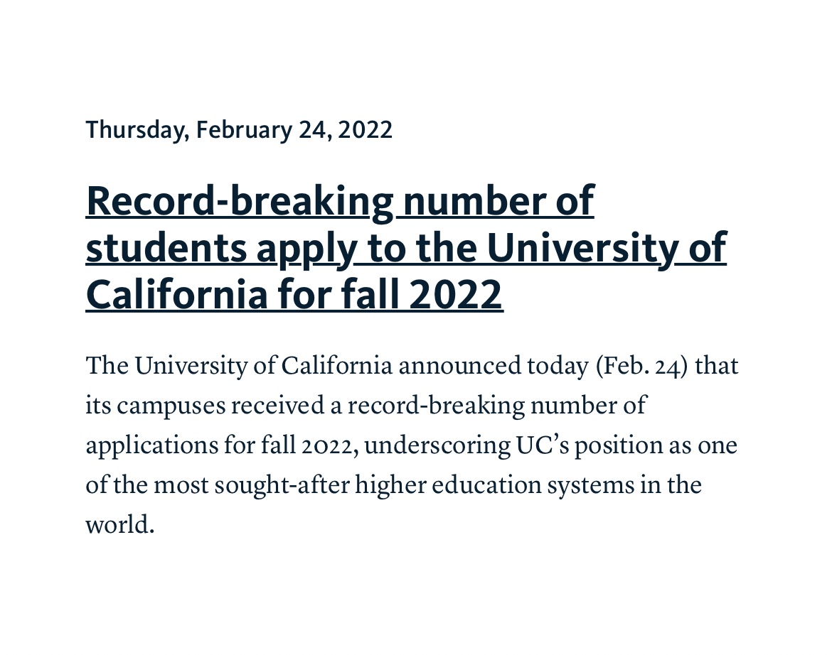 历史新高!UC 2022年新生申请人数超21万!(图1) 历史新高!UC 2022年新生申请人数超21万!(图1)
